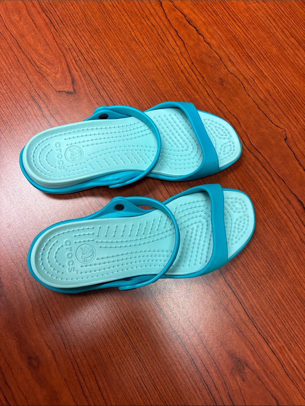 CROCS Teal and Aqua Slide Sandals with Back Strap